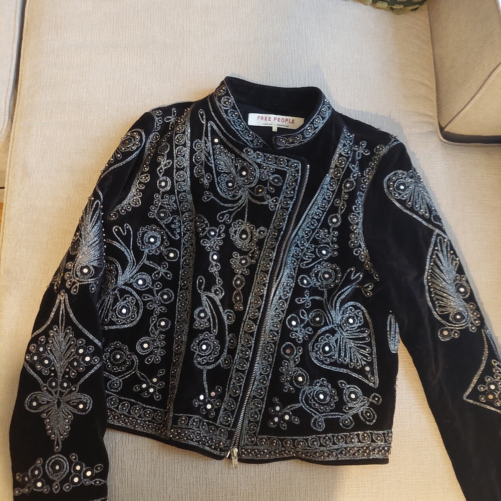 Free People  Black and Silver Paisley Blazer with Stand-Up Collar
